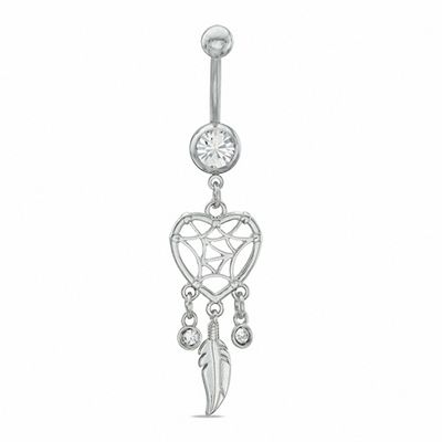 014 Gauge Heart-Shaped Dream Catcher with Feather Dangle Belly Button Ring and Crystal in Stainless Steel