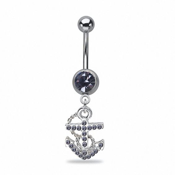 014 Gauge Anchor Belly Button Ring with Purple Crystals in Stainless Steel