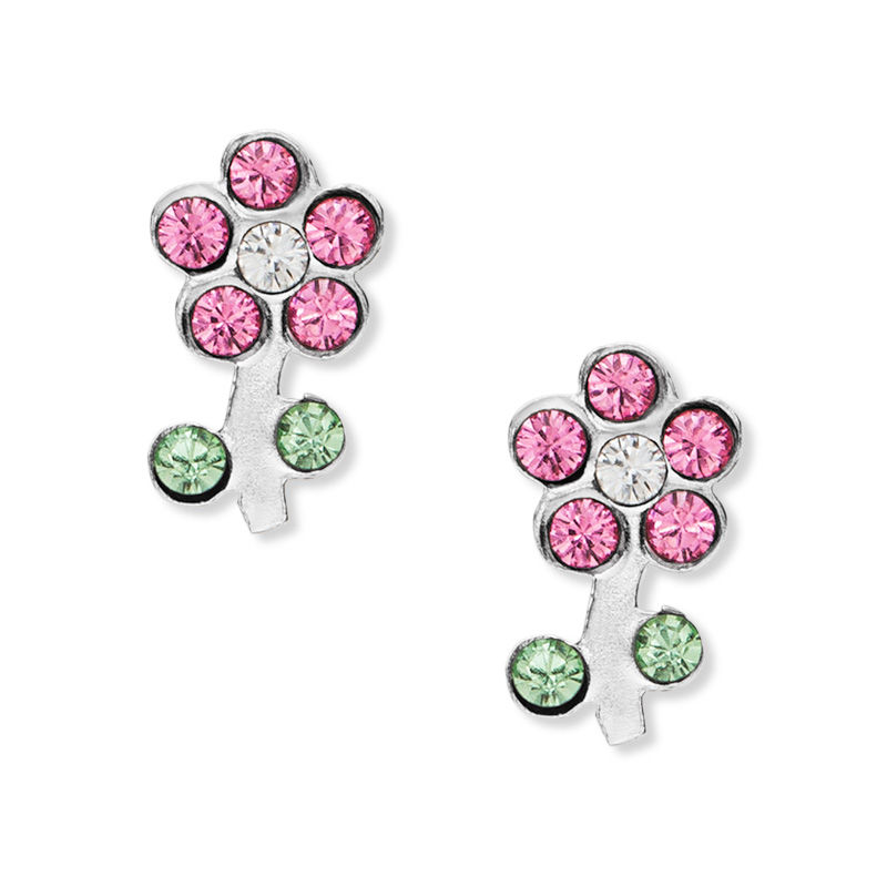 Main Image 1 of Child's Pink, Green and White Crystal Flower Stud Earrings in Sterling Silver