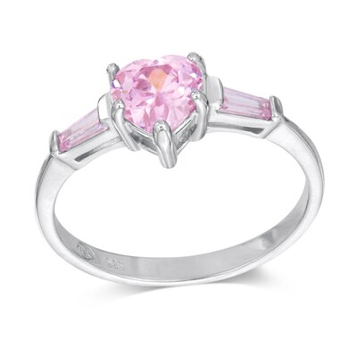 6mm Heart-Shaped Pink Cubic Zirconia Three Stone Ring in Sterling Silver - Size 6