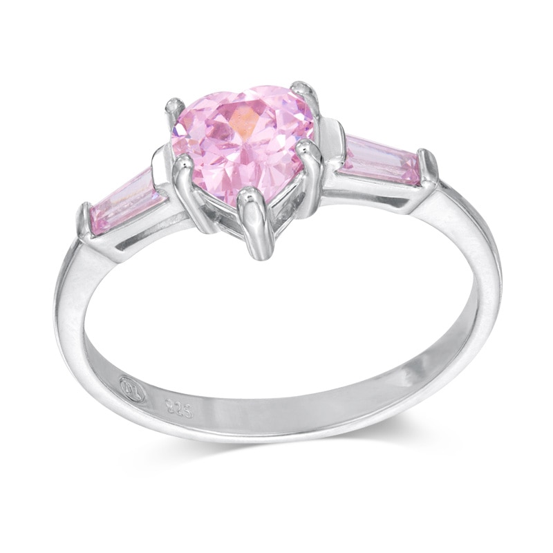 6mm Heart-Shaped Pink Cubic Zirconia Three Stone Ring in Sterling Silver - Size 6