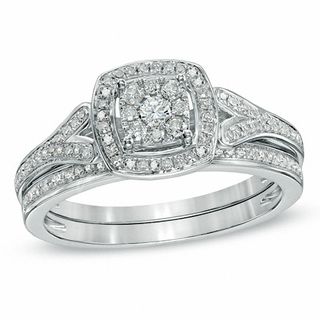 1/3 CT. T.W. Composite Diamond Cushion Frame Bridal Set in Sterling Silver - Size 7