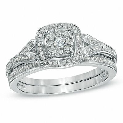1/3 CT. T.W. Composite Diamond Cushion Frame Bridal Set in Sterling Silver - Size 7