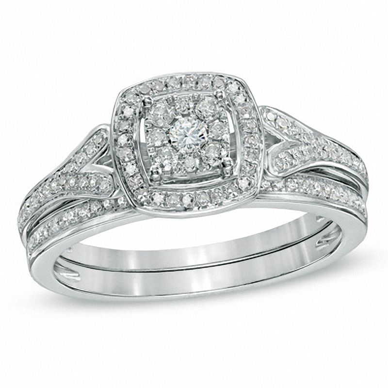 1/3 CT. T.W. Composite Diamond Cushion Frame Bridal Set in Sterling Silver - Size 7