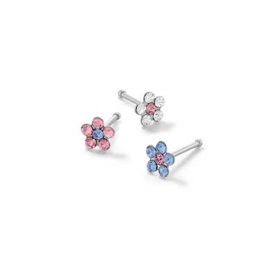 Semi-Solid Stainless Steel Crystal Multi-Color Flower Nose Stud Set - 22G