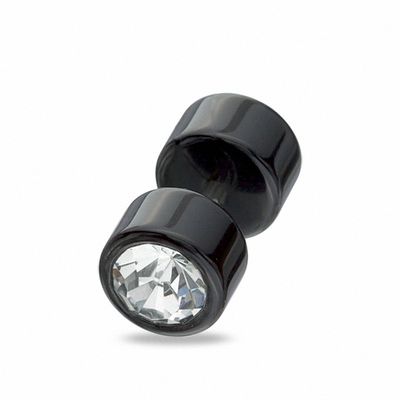 Fake 016 Gauge Black Acrylic Plugs with Crystal in Stainless Steel