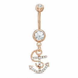 014 Gauge Anchor Dangle Belly Button Ring with Crystals in Stainless Steel with Rose IP