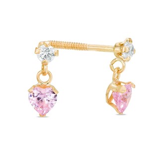 Child's Pink Heart-Shaped and Round White Cubic Zirconia Drop Earrings in 10K Gold