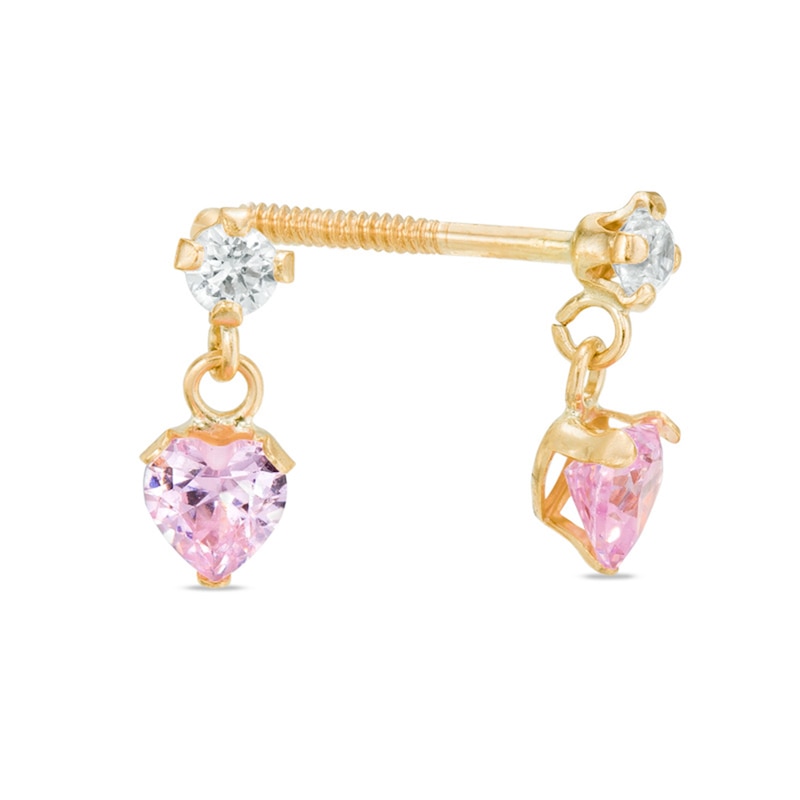 Main Image 1 of Child's Pink Heart-Shaped and Round White Cubic Zirconia Drop Earrings in 10K Gold