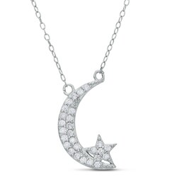 Cubic Zirconia Crescent Moon and Star Necklace in Sterling Silver