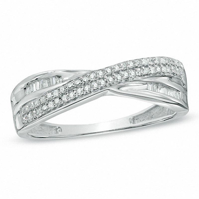 1/5 CT. T.W. Baguette and Round Diamond Criss-Cross Anniversary Band in Sterling Silver - Size 7