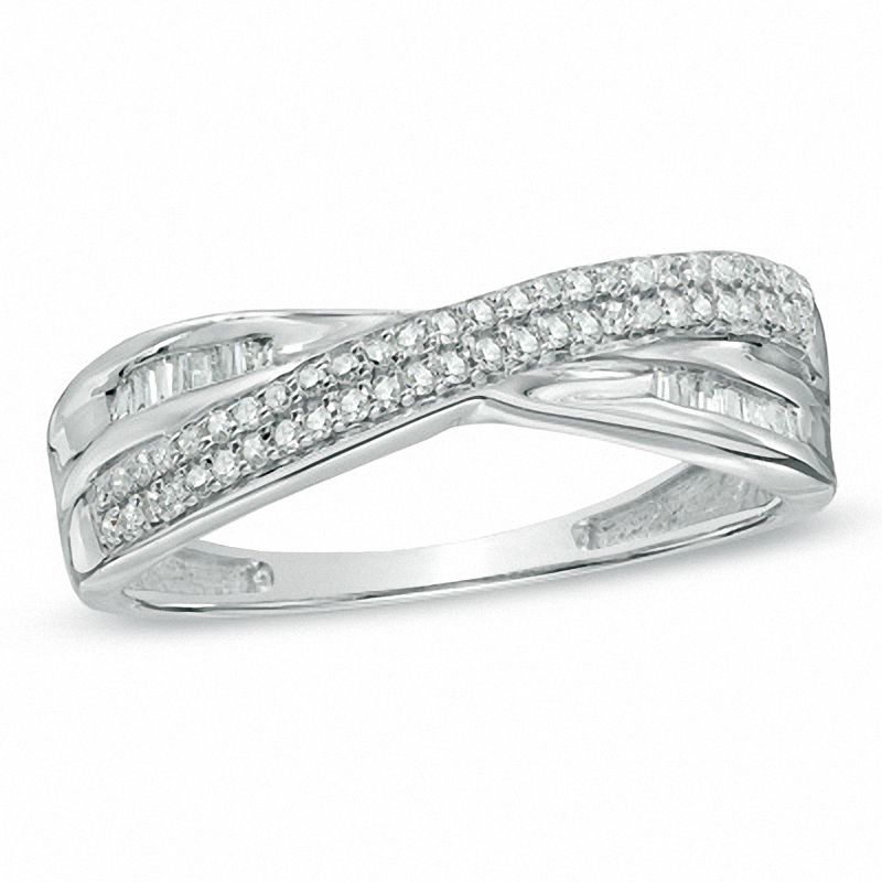 Main Image 1 of 1/5 CT. T.W. Baguette and Round Diamond Criss-Cross Anniversary Band in Sterling Silver - Size 7