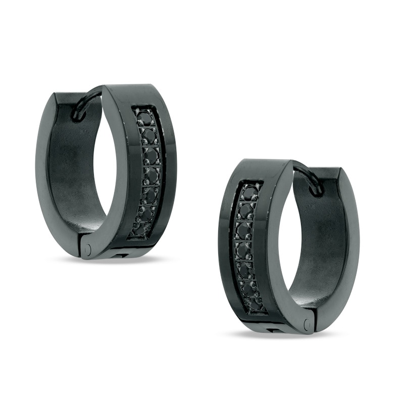 Black Cubic Zirconia Huggie Earrings in Black IP Stainless Steel