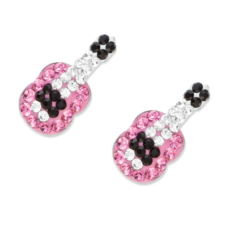 Child's Pink, Black and White Crystal Guitar Stud Earrings in Sterling Silver