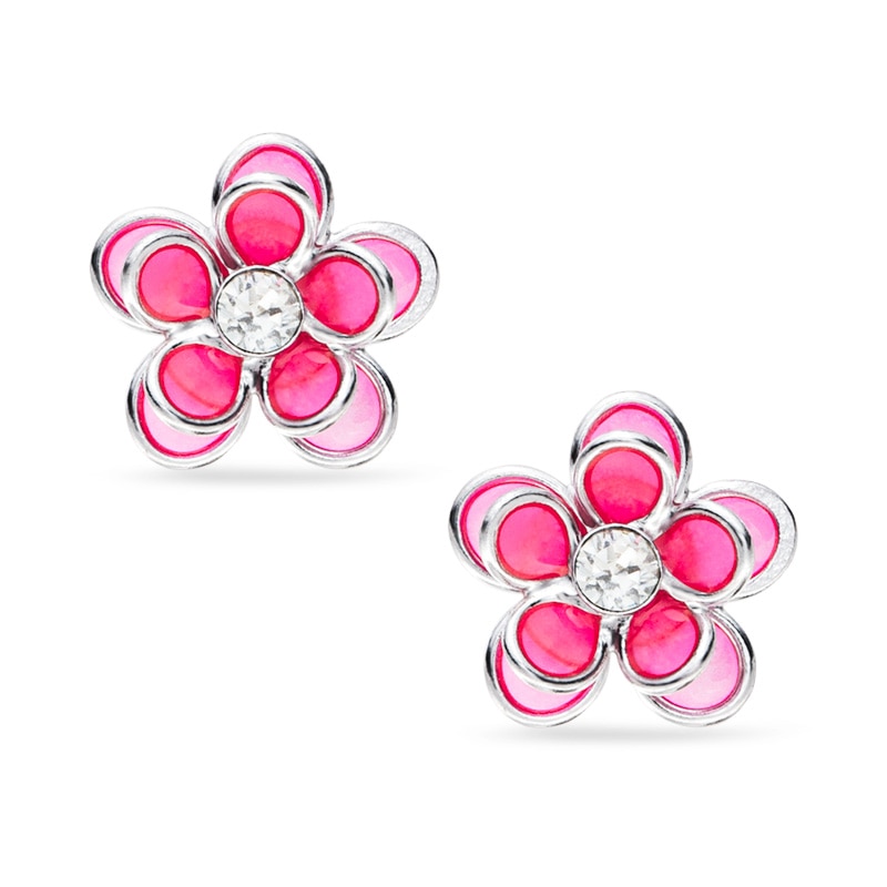 Child's Pink Enamel Flower with Crystal Stud Earrings in Sterling Silver
