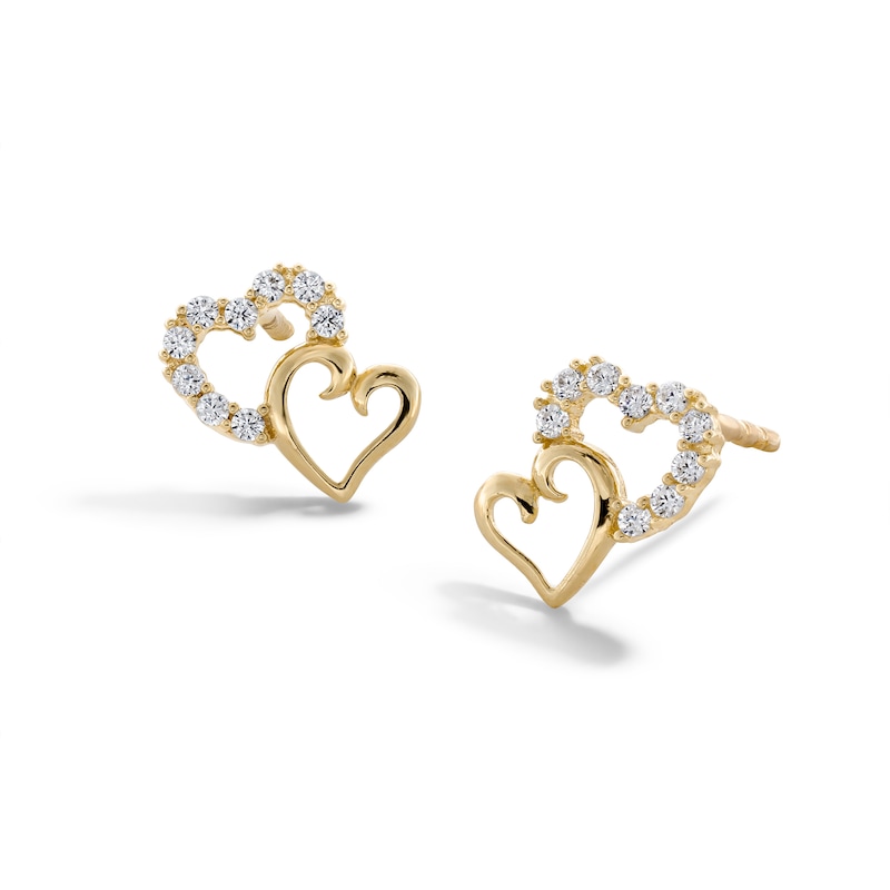 Cubic Zirconia Offset Double Heart Stud Earrings in 10K Gold