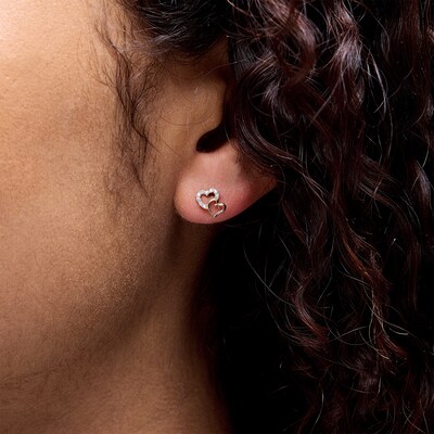 Cubic Zirconia Offset Double Heart Stud Earrings in 10K Gold