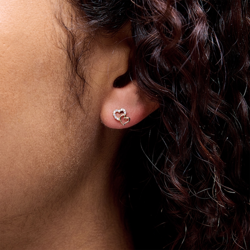 Cubic Zirconia Offset Double Heart Stud Earrings in 10K Gold