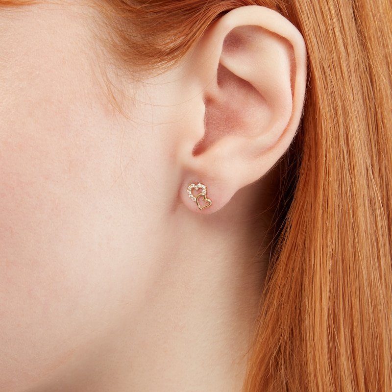 Cubic Zirconia Offset Double Heart Stud Earrings in 10K Gold