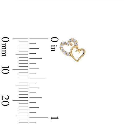 Cubic Zirconia Offset Double Heart Stud Earrings in 10K Gold