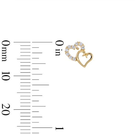 Cubic Zirconia Offset Double Heart Stud Earrings in 10K Gold