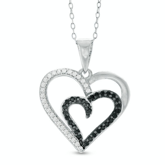 Black and White Cubic Zirconia Double Heart Pendant in Sterling Silver