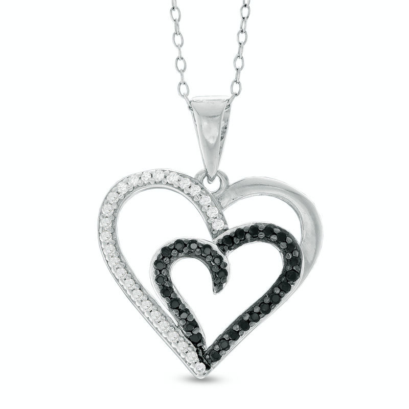Main Image 1 of Black and White Cubic Zirconia Double Heart Pendant in Sterling Silver