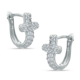 Cubic Zirconia Cross Huggie Hoop Earrings in Sterling Silver
