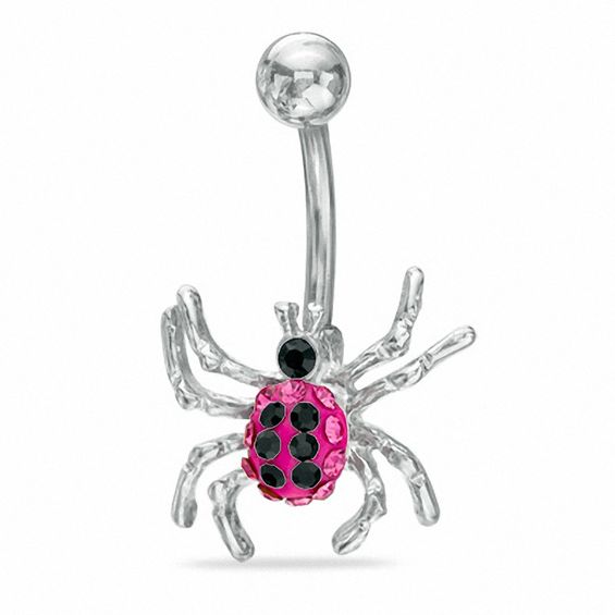 014 Gauge Spider Belly Button Ring with Black Crystals in Stainless Steel