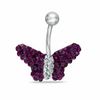 014 Gauge Butterfly Belly Button Ring with Purple and White Crystals in Stainless Steel