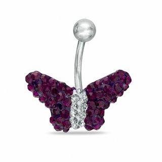 014 Gauge Butterfly Belly Button Ring with Purple and White Crystals in Stainless Steel