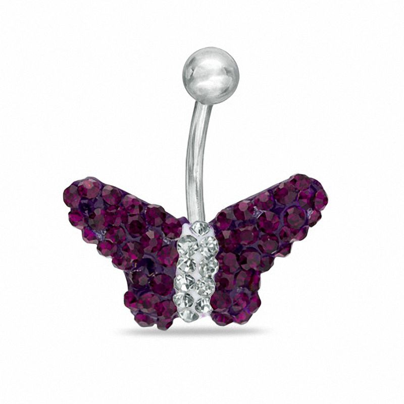 014 Gauge Butterfly Belly Button Ring with Purple and White Crystals in Stainless Steel
