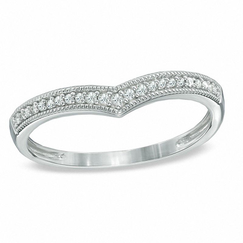 Diamond Accent and Milgrain Contoured Wedding Band in 10K White Gold - Size 7