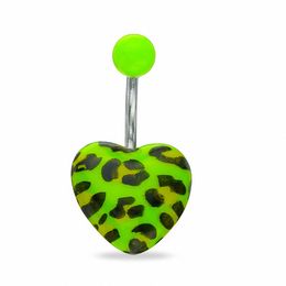 014 Gauge Lime Green and Black Leopard Print UV Acrylic Heart Curved Barbell in Stainless Steel