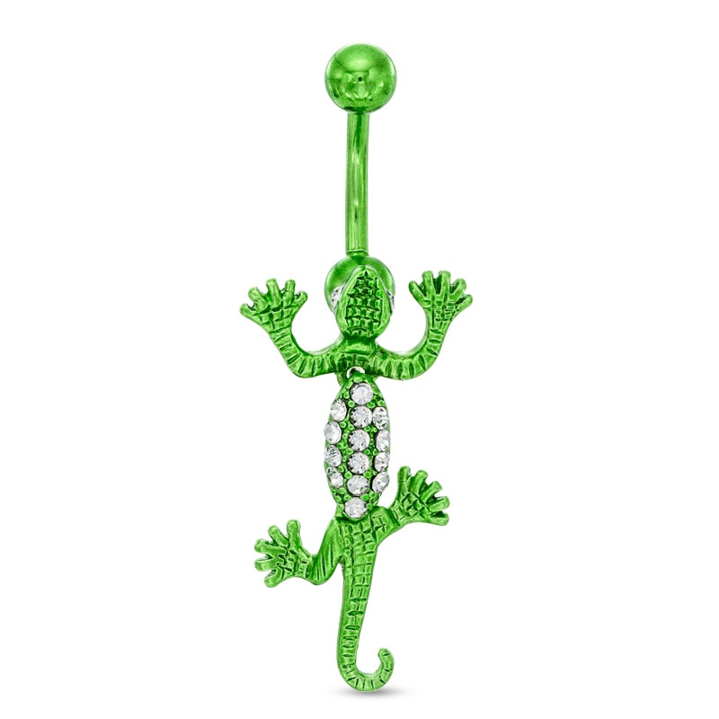 Main Image 1 of 014 Gauge Green Lizard Belly Button Ring with Crystal in Stainless Steel