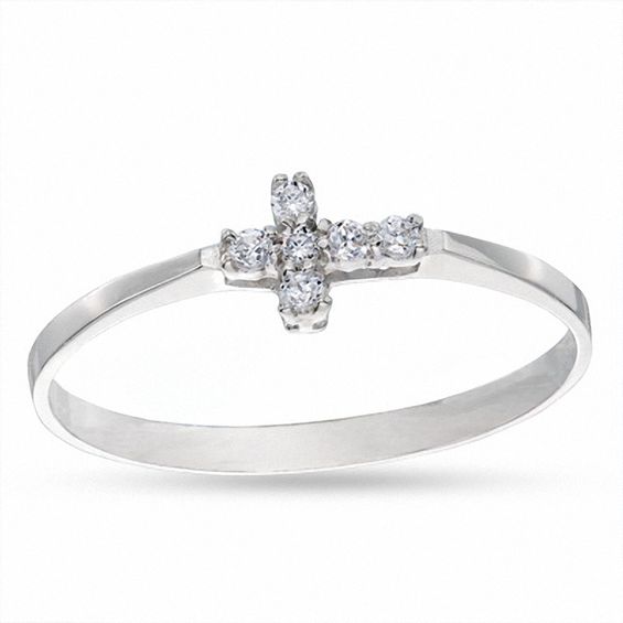 Cubic Zirconia Sideways Cross Ring in 10K White Gold - Size 5