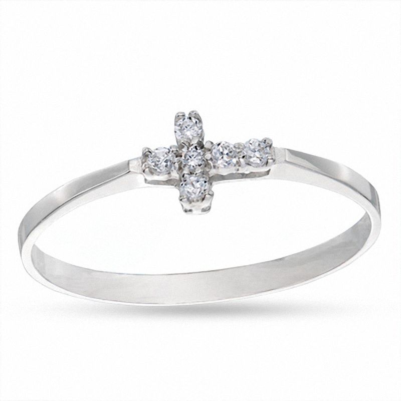 Main Image 1 of Cubic Zirconia Sideways Cross Ring in 10K White Gold - Size 5