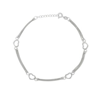 Sterling Silver Heart Station Triple Chain Anklet - 9" + 1"