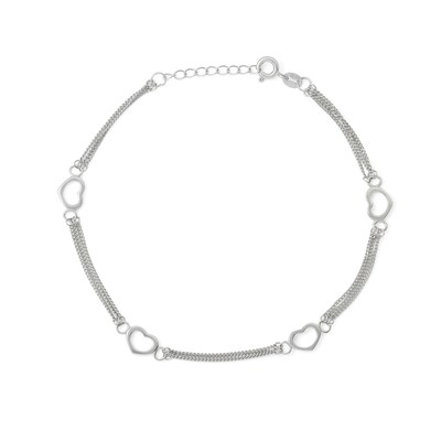 Sterling Silver Heart Station Triple Chain Anklet - 9" + 1"