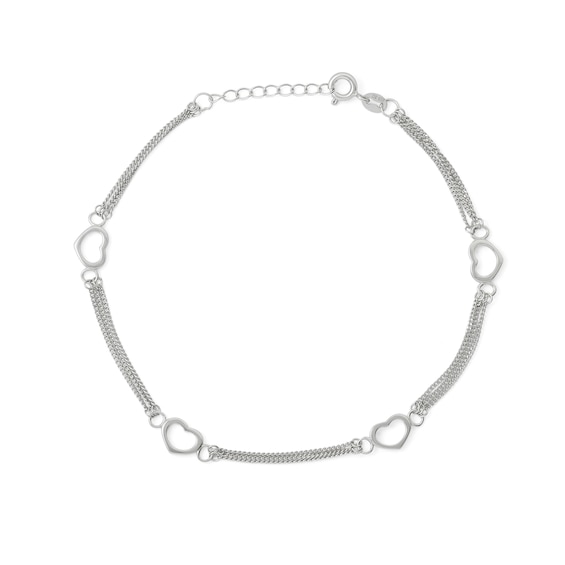 Sterling Silver Heart Station Triple Chain Anklet - 9" + 1"