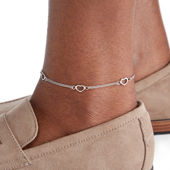 Sterling Silver Heart Station Triple Chain Anklet - 9" + 1"