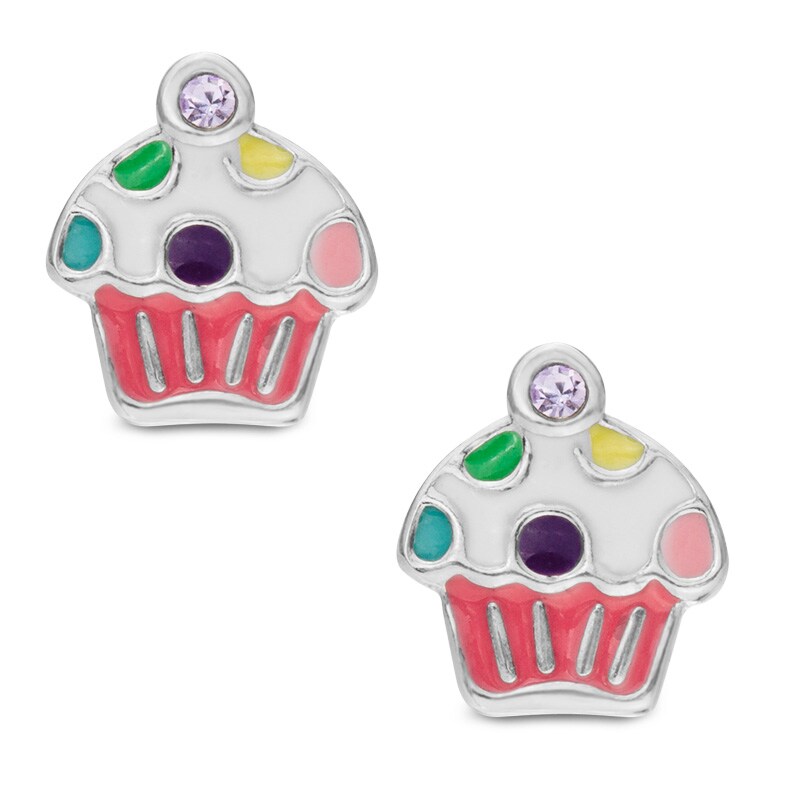 Main Image 1 of Child's Multi-Color Enamel Polka Dot Cupcake with Light Purple Crystal Stud Earrings in Sterling Silver