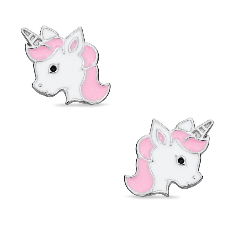 Child's Pink and White Enamel Unicorn Stud Earrings in Sterling Silver
