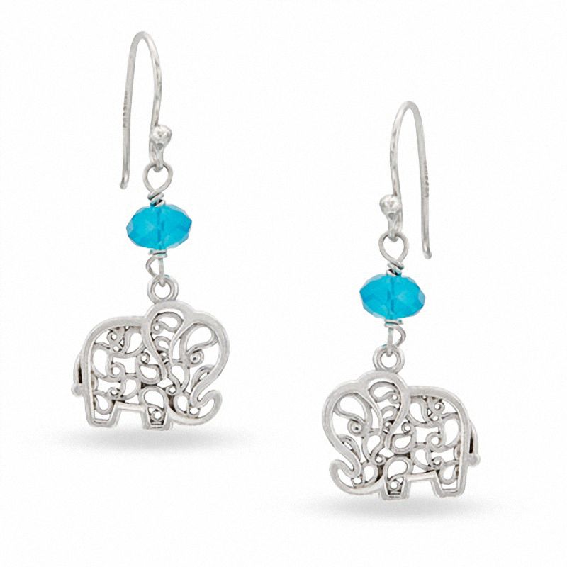 Paisley Elephant Dangle Earrings with Blue Crystals in Sterling Silver