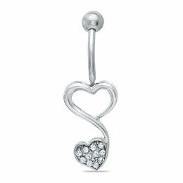014 Gauge Double Heart Top-Down Belly Button Ring in Solid Stainless Steel with Cubic Zirconia