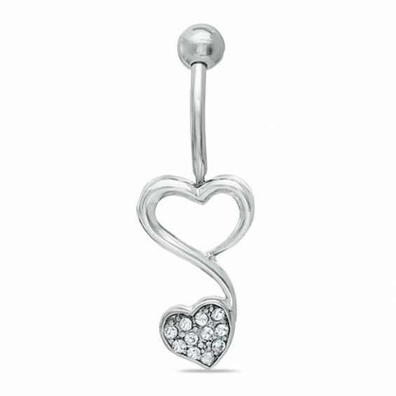 Solid Stainless Steel CZ Double Heart Top-Down Belly Button Ring - 14G