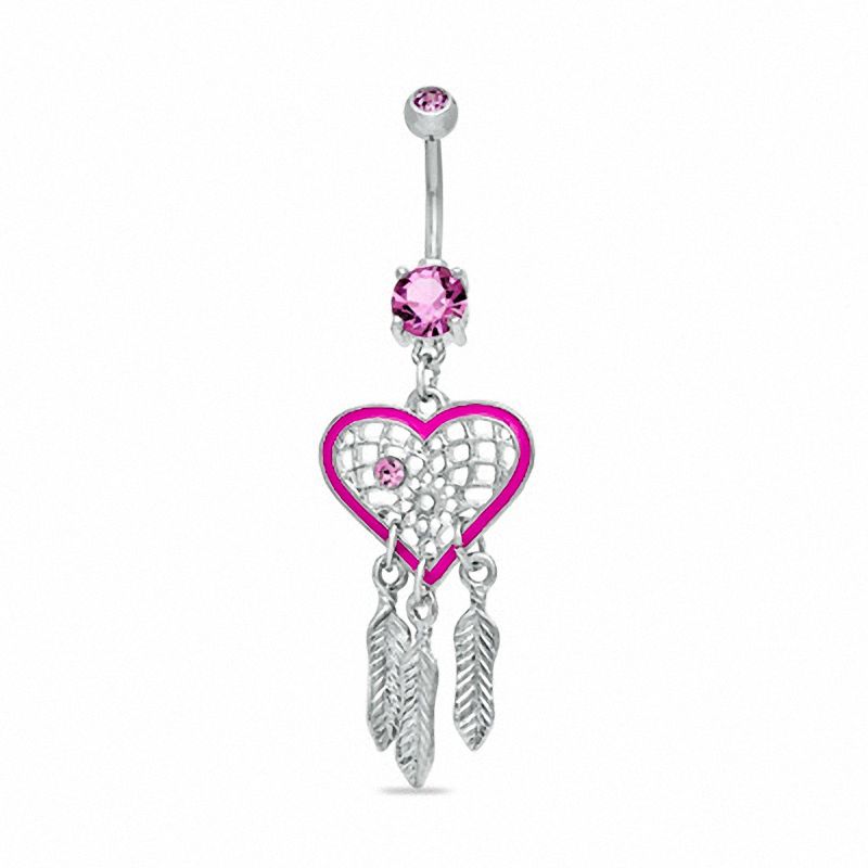Main Image 1 of 014 Gauge Heart-Shaped Pink Dream Catcher Dangle Belly Button Ring in Stainless Steel