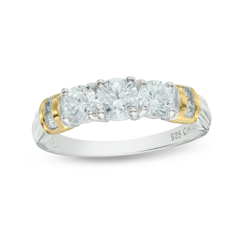 Main Image 1 of Cubic Zirconia Three Stone Ring in Sterling Silver and 18K Gold Plate - Size 6