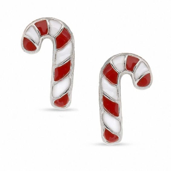 Child's Enamel Candy Cane Stud Earrings in Sterling Silver