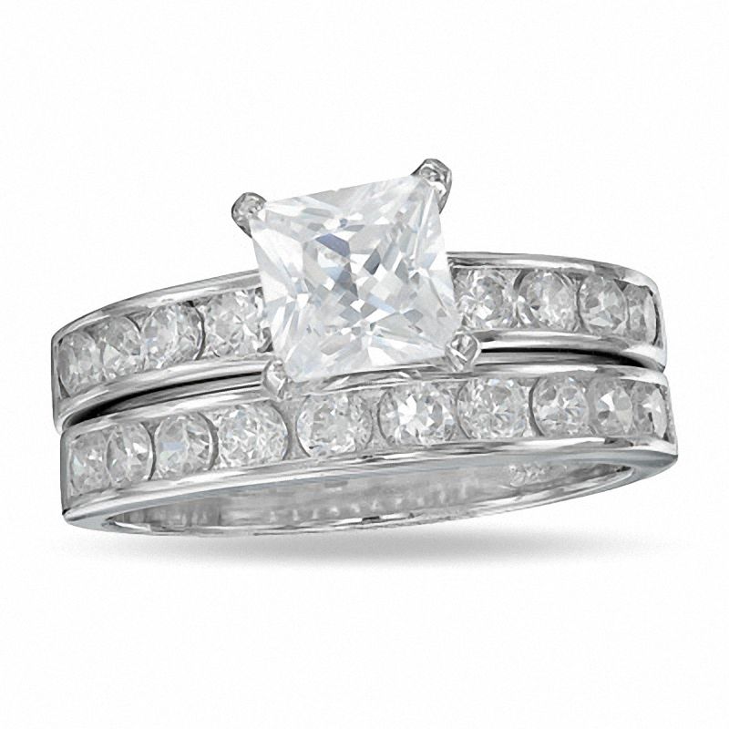 Sterling Silver CZ Engagement Wedding Ring Set Cubic Zirconia Princess Cut 